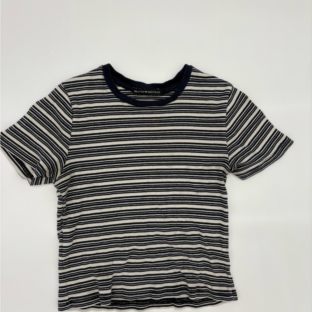 Brandy Melville Navy and White Striped Short Sleeve Tee